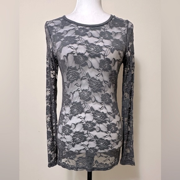Color Story Sexy Sheer Gray Lace Roses Stretch Top Long Sleeves Pullover Top S/M - Picture 9 of 15